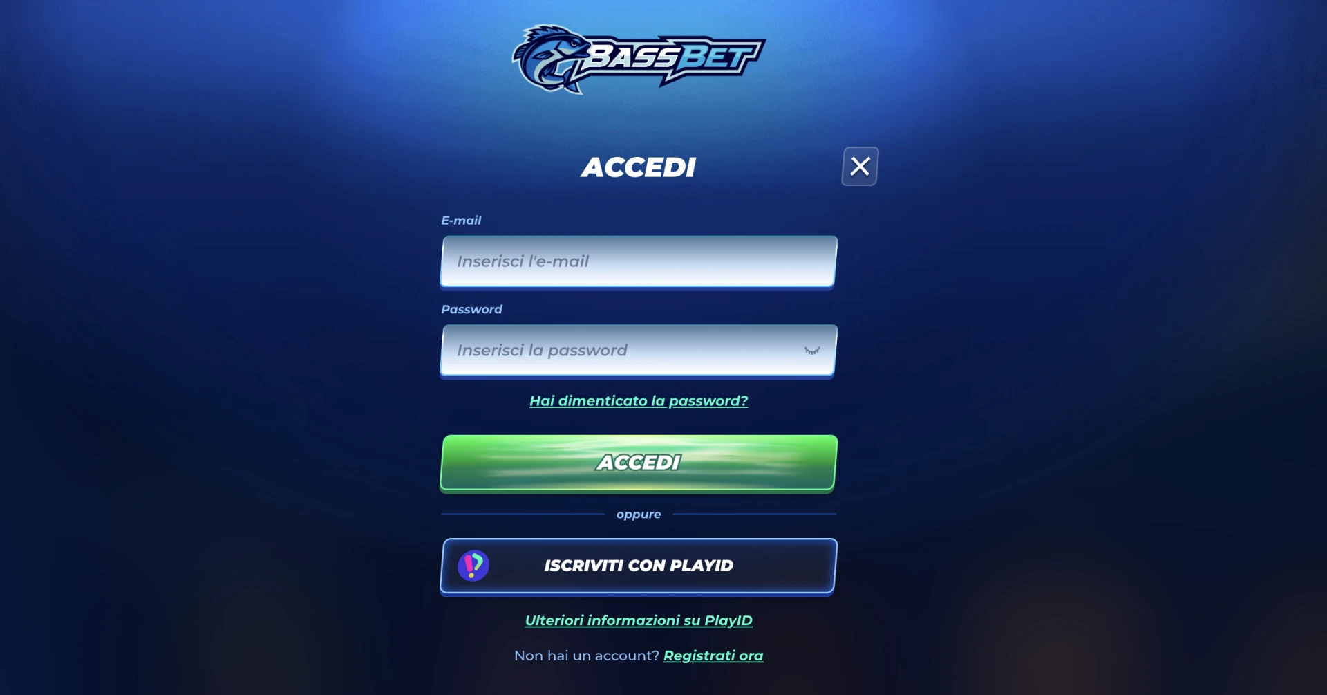 Modulo di accesso all'account su BassBet Casinò